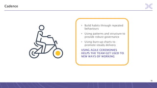 92
Cadence
• Build habits through repeated
behaviours
• Using patterns and structure to
provide robust governance
• Using burn-up charts to
promote steady delivery
USING AGILE CEREMONIES
HELPS THE TEAM GET USED TO
NEW WAYS OF WORKING
 