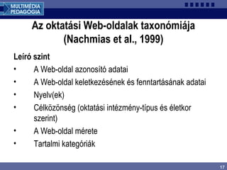 17
Az oktatási Web-oldalak taxonómiája
(Nachmias et al., 1999)
Leíró szint
• A Web-oldal azonosító adatai
• A Web-oldal keletkezésének és fenntartásának adatai
• Nyelv(ek)
• Célközönség (oktatási intézmény-típus és életkor
szerint)
• A Web-oldal mérete
• Tartalmi kategóriák
 