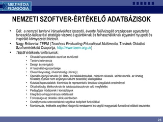 25
NEMZETI SZOFTVER-ÉRTÉKELŐ ADATBÁZISOK
• Cél: a nemzeti tantervi irányelvekhez igazodó, évente felülvizsgált országosan egyeztetett
taneszköz-fejlesztési stratégia viszont a gyártóknak és felhasználóknak egyaránt nyugodt és
inspiráló környezetet biztosít.
• Nagy-Britannia: TEEM (Teachers Evakuating Educational Multimedia, Tanárok Oktatási
Szoftverértékelő Csoportja, http://www.teem.org.uk)
• TEEM értékelési kritériumok:
• Oktatási tapasztalatok ezzel az eszközzel
• Tantervi relevancia
• Design és navigáció
• A használat egyszerűsége
• Olvasmányosság, olvashatóság (literacy)
• Speciális igényű tanulók (pl. látás- és halláskárosultak, nehezen olvasók, színtévesztők, az ország
hivatalos nyelvát nem anyanyelvükként beszélők) kiszolgálása
• Kutatási tapasztalatok: kismintás és reprezentatív beválás-vizsgálatok eredményei
• Oktathatóság: életkoroknak és iskolaszakaszoknak való megfelelés
• Pedagógiai módszerek / korosztályok
• Integráció a hagyományos oktatással
• Fontossága az oktatási célok elérésében
• Osztálymunka szervezésének segítése beépített funkciókkal
• Monitorozás, értékelés segítése hibajavító rendszerrel és segítő-magyarázó funkcióval ellátott tesztekkel
 
