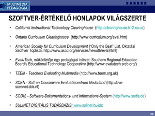36
SZOFTVER-ÉRTÉKELŐ HONLAPOK VILÁGSZERTE
• California Instructional Technology Clearinghouse (http://clearinghouse.k12.ca.us)
• Ontario Curriculum Clearinghouse (http://www.curriculum.org/eval.htm)
• American Society for Curriculum Development (“Only the Best” List, Oktatási
Szoftver Toplista: http://www.ascd.org/services/newotb/eval.html)
• EvaluTech, működtetője egy pedagógiai intézet: Southern Regional Education
Board's Educational Technology Cooperative (http://www.evalutech.sreb.org/)
• TEEM - Teachers Evaluating Multimedia (http://www.teem.org.uk)
• SCEN - Soft-en Courseware Evaluatiecentrum Nederland (http://bve-
scennet.dds.nl)
• SODIS - Software-Dokumentations- und Informations-System (http://www.sodis.de)
• SULINET DIGITÁLIS TUDÁSBÁZIS: www.sulinet.hu/dtb
 