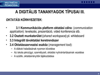 4
A DIGITÁLIS TANANYAGOK TÍPUSAI III.
OKTATÁSI KÖRNYEZETEK:
• 3.1 Kommunikációs platform oktatási célra: (communication
application): levelezés, prezentáció, videó konferencia stb.
• 3.2 Osztott munkaterület (shared workspace) pl. whiteboard
• 3.3 Integrált távoktatási keretrendszer
• 3.4 Oktatásszervezési eszköz (management tool):
– A diákok haladásának nyomon követése
– Az iskola pénzügyi, személyzeti, oktatási nyilvántartásainak vezetése
– A szülők, oktatásirányítók tájékoztatása
 