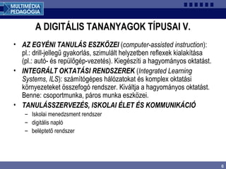6
A DIGITÁLIS TANANYAGOK TÍPUSAI V.
• AZ EGYÉNI TANULÁS ESZKÖZEI (computer-assisted instruction):
pl.: drill-jellegű gyakorlás, szimulált helyzetben reflexek kialakítása
(pl.: autó- és repülőgép-vezetés). Kiegészíti a hagyományos oktatást.
• INTEGRÁLT OKTATÁSI RENDSZEREK (Integrated Learning
Systems, ILS): számítógépes hálózatokat és komplex oktatási
környezeteket összefogó rendszer. Kiváltja a hagyományos oktatást.
Benne: csoportmunka, páros munka eszközei.
• TANULÁSSZERVEZÉS, ISKOLAI ÉLET ÉS KOMMUNIKÁCIÓ
– Iskolai menedzsment rendszer
– digitális napló
– beléptető rendszer
 
