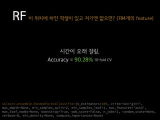 RF 이 위치에 하얀 픽셀이 있고 저기엔 없으면? (784개의 feature)
Accuracy = 90.28%
sklearn.ensemble.RandomForestClassifier(n_estimators=100, criterion='gini',
max_depth=None, min_samples_split=2, min_samples_leaf=1, max_features='auto',
max_leaf_nodes=None, bootstrap=True, oob_score=False, n_jobs=1, random_state=None,
verbose=0, min_density=None, compute_importances=None)
10-fold CV
시간이 오래 걸림.
 