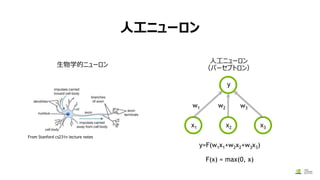 人工ニューロン
From Stanford cs231n lecture notes
生物学的ニューロン
w1 w2 w3
x1 x2 x3
y
y=F(w1x1+w2x2+w3x3)
F(x) = max(0, x)
人工ニューロン
（パーセプトロン）
 