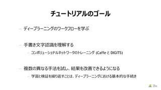 チュートリアルのゴール
— ディープラーニングのワークフローを学ぶ
— 手書き文字認識を理解する
— コンボリューショナルネットワークのトレーニング (Caffe と DIGITS)
— 複数の異なる手法を試し、結果を改善できるようになる
— 学習と検証を繰り返すことは、ディープラーニングにおける基本的な手続き
 
