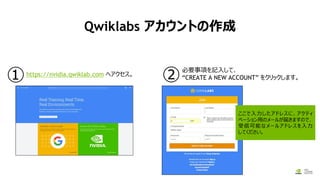 Qwiklabs アカウントの作成
https://nvidia.qwiklab.com へアクセス。
必要事項を記入して、
“CREATE A NEW ACCOUNT” をクリックします。① ②
ここで入力したアドレスに、アクティ
ベーション用のメールが届きますので、
受信可能なメールアドレスを入力
してください。
 