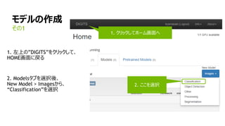 モデルの作成
その1
9/26/2
1. クリックしてホーム画面へ
2. ここを選択
1. 左上の”DIGITS”をクリックして、
HOME画面に戻る
2. Modelsタブを選択後、
New Model > Imagesから、
“Classification”を選択
 