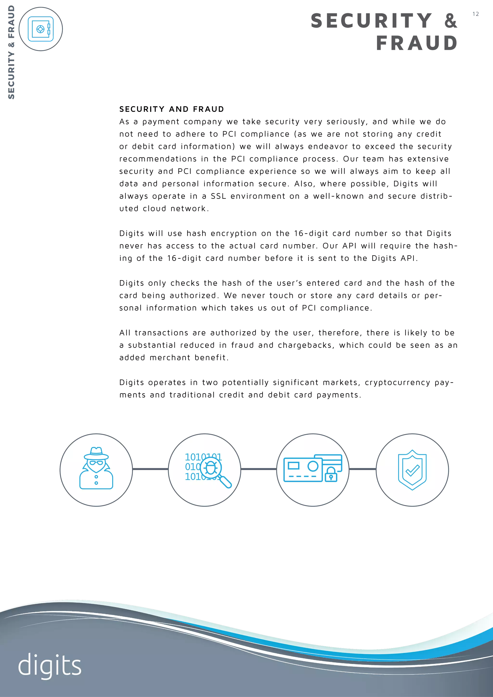 12
digits
SECURIT Y &
FRAUD
SECURIT Y AND FRAUD
As a payment company we take security very seriously, and while we do
not need to adhere to PCI compliance (as we are not storing any credit
or debit card information) we will always endeavor to exceed the security
recommendations in the PCI compliance process. Our team has extensive
security and PCI compliance experience so we will always aim to keep all
data and personal information secure. Also, where possible, Digits will
always operate in a SSL environment on a well-known and secure distrib-
uted cloud network.
Digits will use hash encryption on the 16-digit card number so that Digits
never has access to the actual card number. Our API will require the hash-
ing of the 16-digit card number before it is sent to the Digits API.
Digits only checks the hash of the user’s entered card and the hash of the
card being authorized. We never touch or store any card details or per-
sonal information which takes us out of PCI compliance.
All transactions are authorized by the user, therefore, there is likely to be
a substantial reduced in fraud and chargebacks, which could be seen as an
added merchant benefit.
Digits operates in two potentially significant markets, cryptocurrency pay-
ments and traditional credit and debit card payments.
SECURITY&FRAUD
 