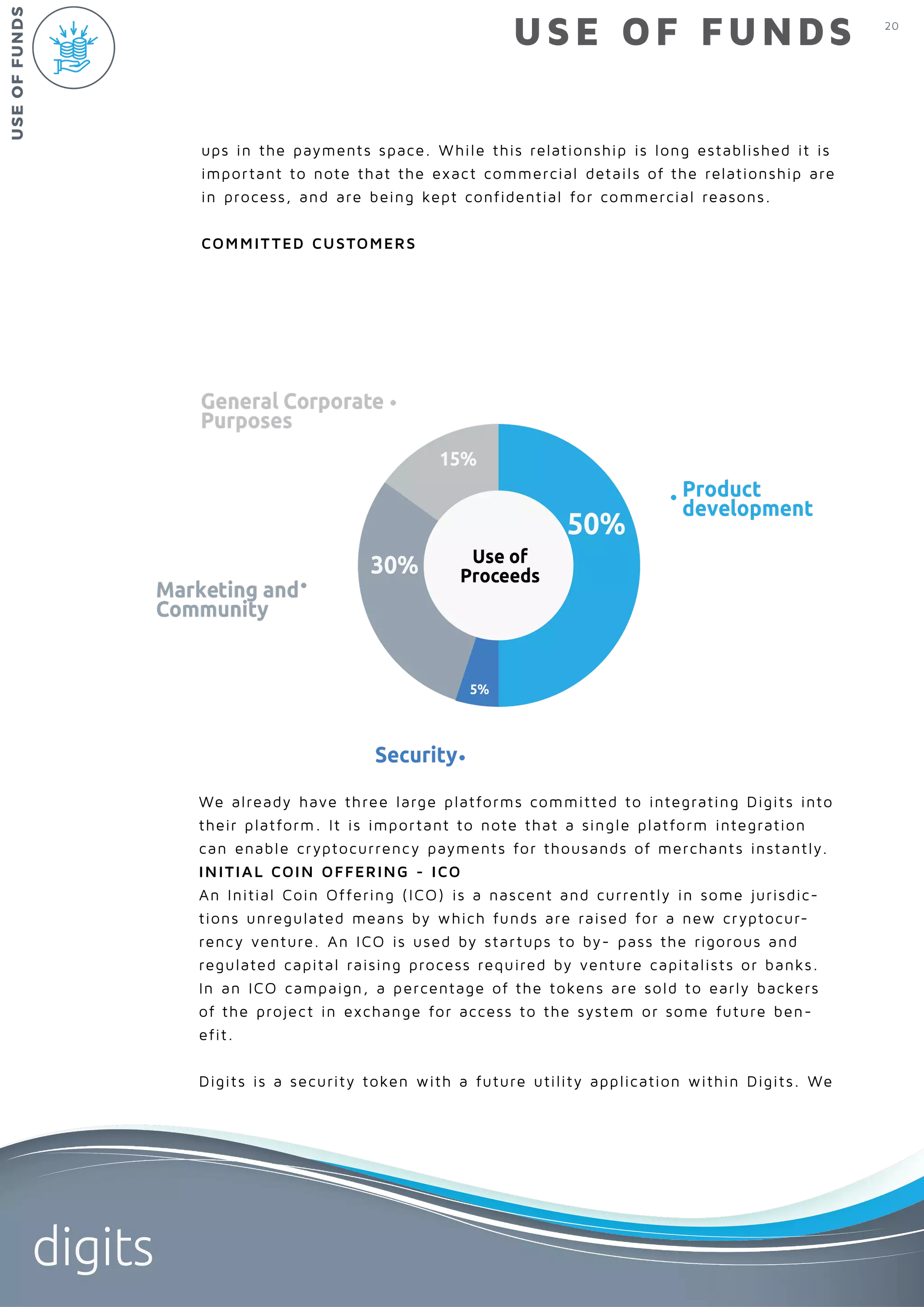 20
digits
ups in the payments space. While this relationship is long established it is
important to note that the exact commercial details of the relationship are
in process, and are being kept confidential for commercial reasons.
COMMITTED CUSTOMERS
We already have three large platforms committed to integrating Digits into
their platform. It is important to note that a single platform integration
can enable cryptocurrency payments for thousands of merchants instantly.
INITIAL COIN OFFERING - ICO
An Initial Coin Offering (ICO) is a nascent and currently in some jurisdic-
tions unregulated means by which funds are raised for a new cryptocur-
rency venture. An ICO is used by startups to by- pass the rigorous and
regulated capital raising process required by venture capitalists or banks.
In an ICO campaign, a percentage of the tokens are sold to early backers
of the project in exchange for access to the system or some future ben-
efit.
Digits is a security token with a future utility application within Digits. We
USE OF FUNDS
USEOFFUNDS
Product
development
Security
General Corporate
Purposes
Marketing and
Community
50%
30%
15%
5%
Use of
Proceeds
 