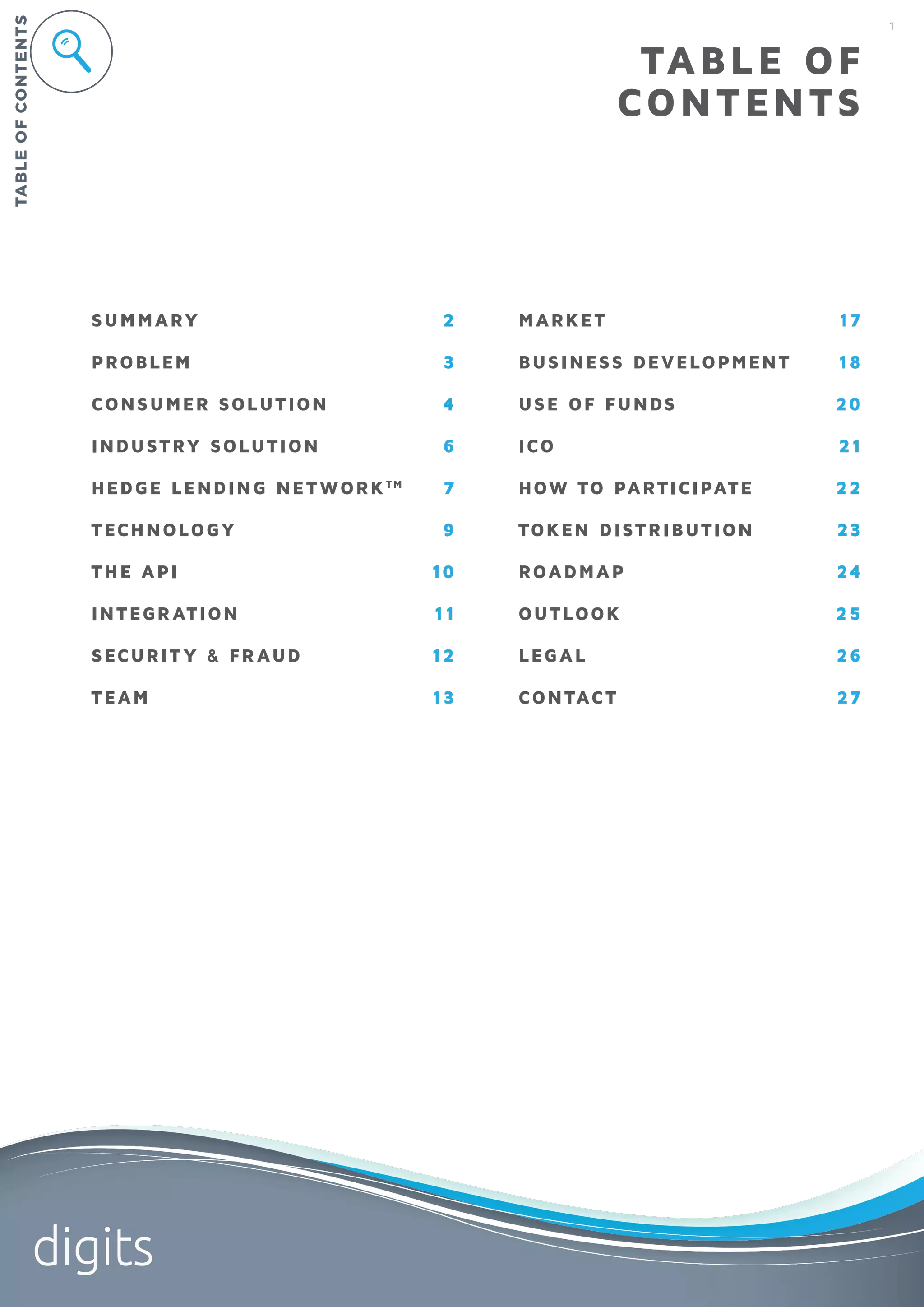 1
digits
SUMMARY	 2
PROBLEM	 3
CONSUMER SOLUTION	 4
INDUSTRY SOLUTION	 6
HEDGE LENDING NETWORKTM	
7
TECHNOLOGY	 9
THE API	 10
INTEGRATION	 11
SECURIT Y & FRAUD	 12
TEAM	 13
MARKET	 17
BUSINESS DEVELOPMENT	 18
USE OF FUNDS	 20
ICO	 21
HOW TO PARTICIPATE 	 22
TOKEN DISTRIBUTION	 23
ROADMAP 	 24
OUTLOOK	 25
LEGAL	 26
CONTACT	 27
TABLE OF
CONTENTS
TABLEOFCONTENTS
 