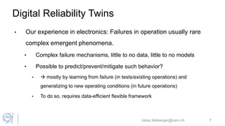 Digital Reliability Twins
• Our experience in electronics: Failures in operation usually rare
complex emergent phenomena.
• Complex failure mechanisms, little to no data, little to no models
• Possible to predict/prevent/mitigate such behavior?
•  mostly by learning from failure (in tests/existing operations) and
generalizing to new operating conditions (in future operations)
• To do so, requires data-efficient flexible framework
lukas.felsberger@cern.ch 7
 
