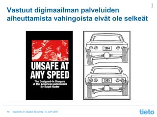 © Tieto Corporation
Public
Diploma in Digital Security / © JaPi 2017
Vastuut digimaailman palveluiden
aiheuttamista vahingoista eivät ole selkeät
10
 