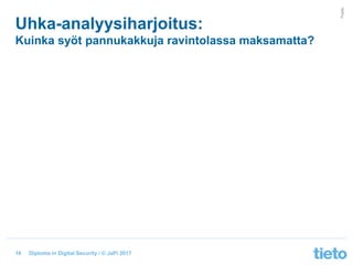 © Tieto Corporation
Public
Diploma in Digital Security / © JaPi 2017
Uhka-analyysiharjoitus:
Kuinka syöt pannukakkuja ravintolassa maksamatta?
16
 
