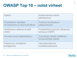 © Tieto Corporation
Public
Diploma in Digital Security / © JaPi 2017
OWASP Top 10 – nolot virheet
Injektio Arkaluontoisen tiedon
julkistaminen
Puutteellinen käyttäjän
tunnistaminen ja istunnonhallinta
Puuttuva funktiotason
pääsyvalvonta
Verkkosivun rakenne ei säily
(XSS)
Puutteellinen pyynnön alkuperän
tarkistus (CSRF)
Turvaton suora objektiviittaus Tunnettuja virheitä sisältävien
komponenttien käyttö
Tietoturvan virheellinen
konfigurointi
Varmistamattomat
uudelleenohjaukset
18
 