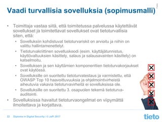 © Tieto Corporation
Public
Diploma in Digital Security / © JaPi 2017
Vaadi turvallisia sovelluksia (sopimusmalli)
• Toimittaja vastaa siitä, että toimitetussa palvelussa käytettävät
sovellukset ja toimitettavat sovellukset ovat tietoturvallisia
siten, että:
• Sovelluksiin kohdistuvat tietoturvariskit on arvioitu ja niihin on
valittu hallintamenettelyt.
• Tietoturvakriittinen sovelluskoodi (esim. käyttäjätunnistus,
käyttövaltuuksien käsittely, salaus ja salausavainten käsittely) on
katselmoitu.
• Sovelluksen ja sen käyttämien komponenttien tietoturvakorjaukset
ovat käytössä.
• Sovelluksille on suoritettu tietoturvatestaus ja varmistettu, että
OWASP Top 10 haavoittuvuuksia ja ohjelmointivirheistä
aiheutuvia vakavia tietoturvavirheitä ei sovelluksissa ole.
• Sovelluksille on suoritettu 3. osapuolen tekemä tietoturva-
auditointi.
• Sovelluksissa havaitut tietoturvaongelmat on viipymättä
ilmoitettava ja korjattava.
22
 