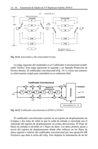 14 - 10

Transmisión de Señales de TV Digital por Satélite, DVB-S
I=12;

M=204/I=204/12=17

Ruta de sincronizacion
Intercalador

Des-intercalador
M

M
I
Rutas

1 paso
por byte

2M
8 bit

2M

8 bit

3M

8 bit

3M

(I-2)M

(I-2)M

(I-1)M

(I-1)M

n

Max. Retardo = M(I-1)I =
2244Bytes = 11 paquetes del FT

Fig. 14.11. Intercalador y Des-intercalador Forney

La etapa siguiente del modulador es el Codificador Convolucional (codificador Trellis). Esta etapa representa la segunda y así llamada Protección de
Errores Interna. El codificador convolucional (Fig. 14.11.) tiene una estructura relativamente simple pero entenderlo no es realmente fácil.

+

rBit

T

+

+

T

T
+
XOR

T
+

+

Registro de
desplazamiento

rBit

T

T
+

+

salida1
Perforador

Codificador Convolucional

rsal > rBit

rBit

salida2

Tasa de codificación = 1/2, … 7/8

Fig. 14.12. Codificador convolucional en DVB-S y DVB-T

El codificador convolucional consiste en un registro de desplazamiento de
6-etapas y dos rutas de señal en que la señal de entrada es mezclada con el
contenido del registro de desplazamiento en ciertas derivaciones. El Flujo de
Datos de entrada es dividido en 3 flujos de datos. Los datos primero pasan a
través del registro de desplazamiento dónde ellos influyen en los flujos de
datos superior e inferior del codificador convolucional por una operación OR
Exclusivo que dura 6 ciclos del reloj. Esto dispersa la información de un bit

 
