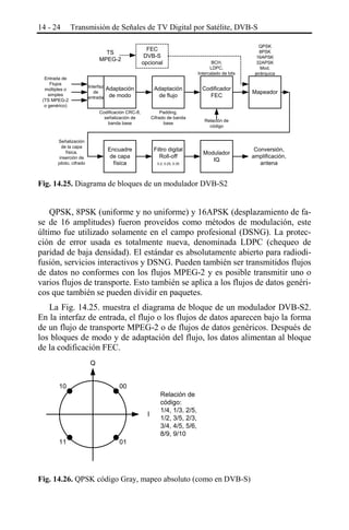 14 - 24

Transmisión de Señales de TV Digital por Satélite, DVB-S
TS
MPEG-2

Entrada de
Flujos
múltiples o
simples
(TS MPEG-2
o genérico)

Interfaz
de
entrada

FEC
DVB-S
opcional

Adaptación
de flujo

Codificación CRC-8,
señalización de
banda base

Padding,
Cifrado de banda
base

Encuadre
de capa
física

Señalización
de la capa
física,
inserción de
piloto, cifrado

Adaptación
de modo

Filtro digital
Roll-off
0.2, 0.25, 0.35

BCH,
LDPC,
Intercalado de bits

Codificador
FEC

QPSK
8PSK
16APSK
32APSK
Mod.
jerárquica

Mapeador

Relación de
código

Modulador
IQ

Conversión,
amplificación,
antena

Fig. 14.25. Diagrama de bloques de un modulador DVB-S2

QPSK, 8PSK (uniforme y no uniforme) y 16APSK (desplazamiento de fase de 16 amplitudes) fueron proveídos como métodos de modulación, este
último fue utilizado solamente en el campo profesional (DSNG). La protección de error usada es totalmente nueva, denominada LDPC (chequeo de
paridad de baja densidad). El estándar es absolutamente abierto para radiodifusión, servicios interactivos y DSNG. Pueden también ser transmitidos flujos
de datos no conformes con los flujos MPEG-2 y es posible transmitir uno o
varios flujos de transporte. Esto también se aplica a los flujos de datos genéricos que también se pueden dividir en paquetes.
La Fig. 14.25. muestra el diagrama de bloque de un modulador DVB-S2.
En la interfaz de entrada, el flujo o los flujos de datos aparecen bajo la forma
de un flujo de transporte MPEG-2 o de flujos de datos genéricos. Después de
los bloques de modo y de adaptación del flujo, los datos alimentan al bloque
de la codificación FEC.
Q
10

00

I

11

01

Relación de
código:
1/4, 1/3, 2/5,
1/2, 3/5, 2/3,
3/4, 4/5, 5/6,
8/9, 9/10

Fig. 14.26. QPSK código Gray, mapeo absoluto (como en DVB-S)

 