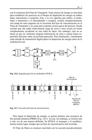 14 - 7

con la estructura del Flujo de Transporte. Estas marcas de tiempo se necesitan
para restablecer los procesos en el bloque de dispersión de energía en ambos
lados, transmisión y recepción. Esto, a su vez significa que ambos, el modulador o transmisor y el demodulador o receptor, reciben transparentemente
esta tanda de ocho paquetes de la inversión del byte de sincronización en el
Flujo de Transporte y los usan para controlar ciertos pasos del proceso. Puede
suceder que una tanda relativamente larga de ceros o unos ocurra en forma
completamente accidental en una señal de datos. Sin embargo, esto no se
desea ya que no contienen ninguna información de reloj o causan líneas espectrales discretas sobre un período particular. Para eliminarlos, virtualmente
cada método de transmisión digital aplica la dispersión de energía antes de la
modulación real.

Mapeador

√cos2

x
+

FIR

Pasabajo

x

Pasabanda

x
OL2
90°
OL1

Fig. 14.6. Segunda parte de un modulador DVB-S,

7

0x47

0x47

0x47

0x47

0x47

0

1

2

0x47

4

0x47

3

0x47

2

0xB8

1

0xB8

0

0x47

Byte de
Sincronización

Paquete del
Flujo de
Transporte
MPEG-2

Fig. 14.7. Inversión del byte de sincronización

Para lograr la dispersión de energía, se genera primero una secuencia de
bits pseudo-aleatoria (PRBS) (Fig. 14.8.) la cual, sin embargo, se reinicia una
y otra vez de una manera definida. En DVB-S, el arranque y el restablecimiento toman lugar siempre que un byte de sincronización esté invertido.
El Flujo de Datos es entonces mezclado con la sucesión pseudo-aleatoria

 
