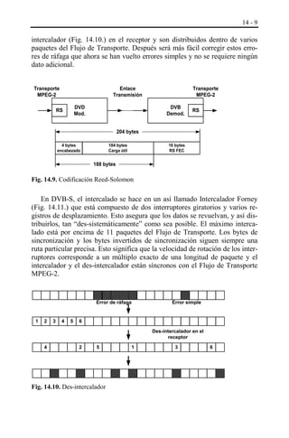 14 - 9

intercalador (Fig. 14.10.) en el receptor y son distribuidos dentro de varios
paquetes del Flujo de Transporte. Después será más fácil corregir estos errores de ráfaga que ahora se han vuelto errores simples y no se requiere ningún
dato adicional.
Transporte
MPEG-2

Enlace
Transmisión
DVB
Demod.

DVD
Mod.

RS

Transporte
MPEG-2
RS

204 bytes
16 bytes
RS FEC

184 bytes
Carga útil

4 bytes
encabezado

188 bytes

Fig. 14.9. Codificación Reed-Solomon

En DVB-S, el intercalado se hace en un así llamado Intercalador Forney
(Fig. 14.11.) que está compuesto de dos interruptores giratorios y varios registros de desplazamiento. Esto asegura que los datos se revuelvan, y así distribuirlos, tan “des-sistemáticamente” como sea posible. El máximo intercalado está por encima de 11 paquetes del Flujo de Transporte. Los bytes de
sincronización y los bytes invertidos de sincronización siguen siempre una
ruta particular precisa. Esto significa que la velocidad de rotación de los interruptores corresponde a un múltiplo exacto de una longitud de paquete y el
intercalador y el des-intercalador están síncronos con el Flujo de Transporte
MPEG-2.

Error de ráfaga
1

2

3

4

5

Error simple

6
Des-intercalador en el
receptor

4

2

5

Fig. 14.10. Des-intercalador

1

3

6

 