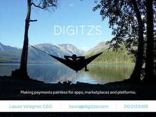 Making payments painless for apps, marketplaces and platforms.
Laura Wagner CEO laura@digitzs.com 310.213.5495
 