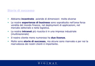 Storie di successo


 Abbiamo incontrato aziende di dimensioni molto diverse
 Le nostre esperienze di business sono soprattutto nell'area forza
  vendita del mondo finance, nel deployment di applicazioni, nel
  mercato editoriale e nella logistica.
 La nostra intranet più riuscita è in una impresa industriale
  (multinazionale)
 Il nostro cliente meno numeroso ha due licenze.
 Molte sono storie di successo, ma alcune sono riservate e per noi la
  riservatezza dei nostri clienti è importante.
 