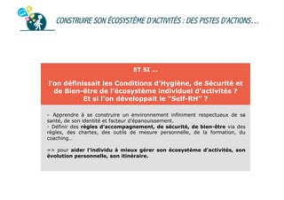 CONSTRUIRE SON ÉCOSYSTÈME D’ACTIVITÉS : DES PISTES D’ACTIONS…

ET SI …

l’on définissait les Conditions d’Hygiène, de Sécurité et
de Bien-être de l’écosystème individuel d’activités ?
Et si l’on développait le “Self-RH” ?
-  Apprendre à se construire un environnement infiniment respectueux de sa
santé, de son identité et facteur d’épanouissement.
-  Définir des règles d’accompagnement, de sécurité, de bien-être via des
règles, des chartes, des outils de mesure personnelle, de la formation, du
coaching…
=> pour aider l’individu à mieux gérer son écosystème d’activités, son
évolution personnelle, son itinéraire.

 