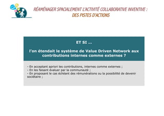 RÉAMÉNAGER SPACIALEMENT L’ACTIVITÉ COLLABORATIVE INVENTIVE :
DES PISTES D’ACTIONS

ET SI …
l’on étendait le système de Value Driven Network aux
contributions internes comme externes ?
-  En acceptant apriori les contributions, internes comme externes ;
-  En les faisant évaluer par la communauté ;
-  En proposant le cas échéant des rémunérations ou la possibilité de devenir
sociétaire ;

 