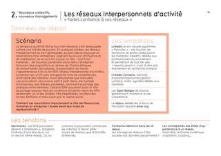 14
Les contreparties des effets d’ap-
partenance à un réseau :
financière, activisme numérique,
cooptation, clubbing...
Identitaires : les RIPA pourraient
devenir « totalitaires », obligeant
l’individu à tout dire de lui sur
un seul et même réseau. Ou au
Confiance/défiance dans les ré-
seaux :
qui manage les réseaux ? Qui
accède aux données personnelles ?
Les tensions
La tendance du BYON (Bring Your Own Network) s’est développée
comme une traînée de poudre. En quelques années, les réseaux
interpersonnels se sont généralisés, au point de se structurer en
associations inter-entreprises. Gagnant du pouvoir d’influence et
de mobilisation, ils se sont mis à jouer un rôle – tout à fait
inattendu – de nouveau partenaire social dans l’entreprise :
formulant des propositions en termes de chartes éthiques,
de revalorisation des salaires, d’organisation du travail.
L’appartenance à tel ou tel RIPA (réseau interpersonnel d’activités),
la mention sur un CV sont une garantie forte de compétences,
d’efficacité des membres. Aussi séduisantes que redoutées,
ces associations structurent, petit à petit, dans une myriade
d’entreprises, des réseaux parallèles, favorisant le partage des
pratiques entre membres. Certains RIPA assument aussi un rôle
de portage salarial. Mais les conditions d’insertion dans les RIPA
deviennent, au fil des années, très inégalitaires, recréant des
formes d’élitisme et d’exclusion par le capital social.
Comment ces associations impacteraient le rôle des Ressources
Humaines en entreprise ? Quelle serait leur mode de
représentativité ?
Scénario Les tendances
LinkedIn et son nouvel algorithme
« Recruiter » : une solution de
recherche de profils ciblés (parmi
les membres LinkedIn), dédiée aux
professionnels du recrutement
et permettant de toucher des
« talents passifs », c’est-à-dire pas
directement en recherche d’emploi.
LinkedIn Contacts : services
d’assistant personnel (gestion
contacts, mails, agenda) dédiés aux
membres.
Les Open Badges de Mozilla,
garantissant l’existence d’une
compétence
Le réseau social des acteurs de
l’évolution durable wiser.org
Données de départ
contraire ils pourraient contraindre
les individus à devoir gérer
autant de réseaux que d’activités
différentes.
Nouveaux collectifs,
nouveaux managements2. Les réseaux interpersonnels d’activité
« Faites confiance à vos réseaux »
 
