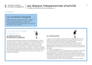 15 
Nouveaux collectifs, 
2. nouveaux managements Les réseaux interpersonnels d’activité 
« Faites confiance à vos réseaux » 
je me fais 
une place 
L’atelier 
Le contexte imaginé 
Un grand groupe industriel tente par son réseau 
social ouvert d’entreprise de s’imposer comme 
réseau représentatif de secteur. Mais il est 
concurrencé par le réseau interpersonnel d’activités 
de la branche, plus puissant. 
LE SYNDICALISTE 
Il assure à la fois la défense des salariés et la représentation de son 
syndicat : il est vigilant en particulier sur la gestion des ressources 
humaines par les données. Cela l’oblige à être présent 
sur les RSE comme sur le RIPAB pour fédérer les acteurs, et faire 
valoir les intérêts collectifs au-delà des intérêts des branches. Il 
développe ainsi des compétences de veille, de community manager, et 
d’éditorialiste sur les réseaux pour toucher du monde, faire passer des 
messages. 
Ces chevaux de bataille sont : 
- La remise en question de la représentativité et la légitimité des RIPAB, 
dont les plateformes et bases de données sont détenues par des 
entreprises privées. Comment redonner des dimensions paritaires aux 
organisations corporatistes qui se mettent en place autour des RIPAB ? 
- La remise en question de la gestion des ressources humaines par les 
données, qui se développent non explicitement ; 
- La sensibilisation sur les conditions inégalitaires d’accès au RIPAB. 
Les personnages 
principaux 
Le directeur des 
ressources humaines 
Il est le premier promoteur du réseau social d’entreprise, en interne 
comme en externe. En faisant valoir sur le RSE les compétences des 
employés, liées aux métiers de l’entreprise, il espère que celles-ci 
deviennent le référentiel de compétences du secteur. Il a la main 
sur les données, ce qui constitue un nouvel outil de gestion des 
ressources humaines. Grâce à cela, il conseille et outille les managers 
des informations nouvelles extraites des réseaux. Il utilise volontiers le 
RIPAB (Réseau interpersonnel d’activités de la branche) pour recruter 
les bonnes compétences et identifier, sur les forums, des idées de 
projets internalisables. 
 