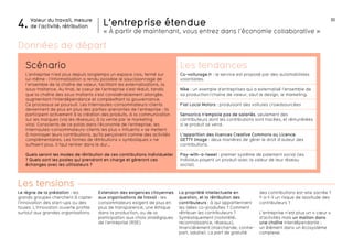 4. Valeur du travail, mesure L’entreprise étendue 
30 
de l’activité, rétribution 
« à partir de maintenant, vous entrez dans l’économie collaborative » 
des contributions est-elle sacrée ? 
Y a-t-il un risque de lassitude des 
contributeurs ? 
L’entreprise n’est plus un « coeur » 
d’activités mais un maillon dans 
une chaîne interdépendante : 
un élément dans un écosystème 
complexe. 
Scénario Les tendances 
L’entreprise n’est plus depuis longtemps un espace clos, fermé sur 
lui-même : l’informatisation a rendu possible le saucissonnage de 
l’ensemble de la chaîne de valeur, facilitant les externalisations, la 
sous-traitance. Au final, le coeur de l’entreprise s’est réduit, tandis 
que la chaîne des sous-traitants s’est considérablement allongée, 
augmentant l’interdépendance et complexifiant la gouvernance. 
Ce processus se poursuit. Les internautes-consommateurs-clients 
deviennent de plus en plus des parties-prenantes de l’entreprise : ils 
participent activement à la création des produits, à la communication 
sur les marques (via les réseaux), à la vente par le marketing 
viral. Conscients de ce poids dans l’économie de l’entreprise, les 
internautes-consommateurs-clients les plus « influents » se mettent 
à monnayer leurs contributions, qu’ils perçoivent comme des activités 
complémentaires. Les formes de rétributions « symboliques » ne 
suffisent plus. Il faut rentrer dans le dur… 
Quels seront les modes de rétribution de ces contributions individuelles 
? Quels sont les postes qui prendront en charge et gèreront ces 
échanges avec les utilisateurs ? 
Le règne de la prédation : les 
grands groupes cherchent à capter 
l’innovation des start-ups ou des 
foules. L’innovation ouverte profite 
surtout aux grandes organisations. 
Extension des exigences citoyennes 
aux organisations de travail : les 
consommateurs exigent de plus en 
plus de transparence, une éthique 
dans la production, ou de la 
participation aux choix stratégiques 
de l’entreprise (RSE). 
La propriété intellectuelle en 
question, et la rétribution des 
contributeurs : à qui appartiennent 
les idées co-produites ? Comment 
rétribuer les contributeurs ? 
Symboliquement (notoriété, 
reconnaissance, réseaux), 
financièrement (marchande, contre-part, 
salaire). La part de gratuité 
Les tensions 
Co-voiturage.fr : le service est proposé par des automobilistes 
volontaires. 
Nike : un exemple d’entreprises qui a externalisé l’ensemble de 
sa production/chaine de valeur, sauf le design, le marketing. 
Fiat Local Motors : produisant des voitures crowdsourcées 
Sensorica n’emploie pas de salariés, seulement des 
contributeurs dont les contributions sont tracées, et rémunérées 
si le produit se vend. 
L’apparition des licences Creative Commons ou Licence 
GETTY Image : deux manières de gérer le droit d’auteur des 
contributions. 
Pay-with-a-tweet : premier système de paiement social (les 
individus payent un produit avec la valeur de leur réseau 
social). 
Données de départ 
 