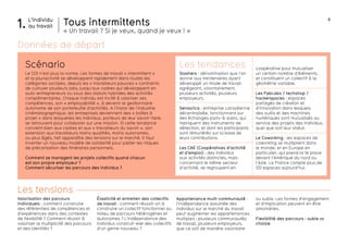 6 
L’individu 
1. au travail Tous intermittents 
« Un travail ? Si je veux, quand je veux ! » 
Scénario Les tendances 
Les tensions 
ou subie. Les formes d’engagement 
et d’implication peuvent en être 
amoindries. 
Flexibilité des parcours : subie vs 
choisie 
Valorisation des parcours 
individuels : comment construire 
des référentiels de compétences et 
d’expériences dans des contextes 
de flexibilité ? Comment réussir à 
valoriser la multiplicité des parcours 
et des identités ? 
Élasticité et entretien des collectifs 
de travail : comment réussit-on à 
construire un collectif fonctionnel au 
milieu de parcours hétérogènes et 
autonomes ? L’indépendance des 
individus construit-elle des collectifs 
d’un genre nouveau ? 
Appartenance multi-communauté : 
l’indépendance assumée des 
individus sur le marché du travail 
peut augmenter les appartenances 
multiples : plusieurs communautés 
de travail, plusieurs employeurs, 
que ce soit de manière volontaire 
Le CDI n’est plus la norme. Les formes de travail « intermittent » 
et la pluriactivité se développent rapidement dans toutes les 
catégories sociales, depuis les « travailleurs pauvres » contraints 
de cumuler plusieurs jobs, jusqu’aux cadres qui développent en 
auto-entrepreneurs ou sous des statuts hybrides des activités 
complémentaires. Chaque individu est incité à valoriser ses 
compétences, son « employabilité », à devenir le gestionnaire 
autonome de son portefeuille d’activités. A l’instar de l’industrie 
cinématographique, les entreprises deviennent des « boîtes à 
projet » dans lesquelles les individus, porteurs de leur savoir-faire, 
se retrouvent pour collaborer sur une mission. Si cette tendance 
convient bien aux cadres et aux « travailleurs du savoir », son 
extension aux travailleurs moins qualifiés, moins autonomes, 
ou plus âgés, fait apparaître des tensions sur le marché. Il faut 
inventer un nouveau modèle de solidarité pour pallier les risques 
de précarisation des itinéraires personnels. 
Comment se managent les projets collectifs quand chacun 
est son propre employeur ? 
Comment sécuriser les parcours des individus ? 
Slashers : dénomination que l’on 
donne aux trentenaires ayant 
développé un mode de travail 
agrégeant, volontairement, 
plusieurs activités, plusieurs 
employeurs. 
Sensorica : entreprise canadienne 
décentralisée, fonctionnant sur 
des échanges pairs-à-pairs, qui 
fabriquent des instruments de 
détection, et dont les participants 
sont rémunérés sur la base de 
leurs contributions. 
Les CAE (Coopératives d’activité 
et d’emploi) : des individus 
aux activités distinctes, mais 
concernant le même secteur 
d’activité, se regroupent en 
coopérative pour mutualiser 
un certain nombre d’éléments, 
et constituent un collectif à la 
géométrie variable. 
Les FabLabs / techshop / 
hackerspaces : espaces 
partagés de création et 
d’innovation dans lesquels 
des outils et des machines 
numériques sont mutualisés au 
service des projets des individus, 
quel que soit leur statut. 
Le Coworking : les espaces de 
coworking se multiplient dans 
le monde, et en Europe en 
particulier, qui prend la 1e place 
devant l’Amérique du nord ou 
l’Asie. La France compte plus de 
120 espaces aujourd’hui. 
Données de départ 
 