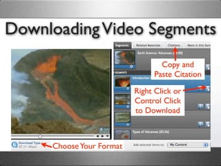 Downloading Video Segments
                                 Copy and
                               Paste Citation

                          Right Click or
                          Control Click
                          to Download



     Choose Your Format
 