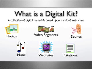 What is a Digital Kit?
A collection of digital materials based upon a unit of instruction




Photos                Video Segments                  Sounds




         Music            Web Sites             Citations
 