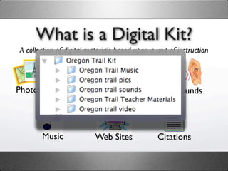 What is a Digital Kit?
A collection of digital materials based upon a unit of instruction




Photos                Video Segments                  Sounds




         Music            Web Sites             Citations
 