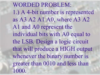 WORDED PROBLEM:
1.) A 4-bit number is represented
as A3 A2 A1 A0, where A3 A2
A1 and A0 represent the
individual bits with A0 equal to
the LSB. Design a logic circuit
that will produce a HIGH output
whenever the binary number is
greater than 0010 and less than
1000.
 