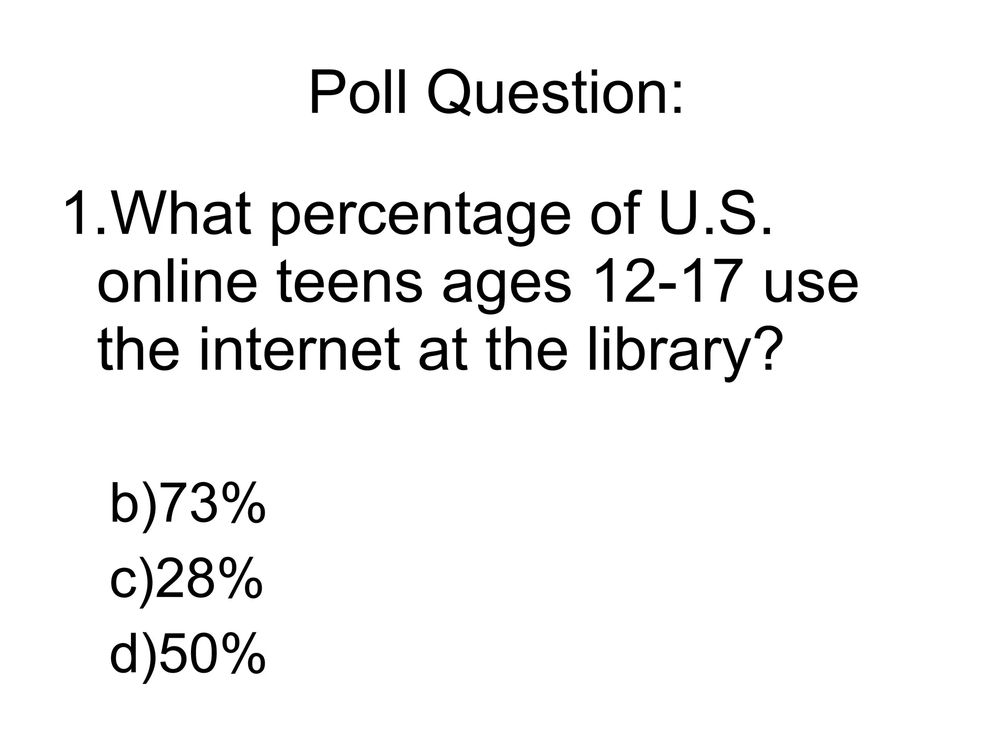 Poll Question: What percentage of U.S. online teens ages 12-17 use the internet at the library? 73% 28% 50% 