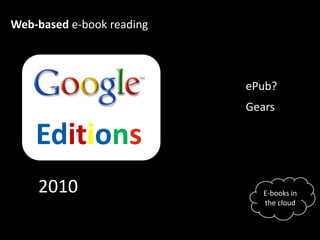 Web-based e-book reading<br />ePub?<br />Gears<br />Editions<br />2010<br />E-books in thecloud<br />