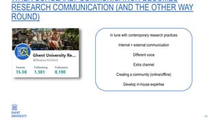 14
WHEN SCHOLARLY COMMUNICATION BECOMES
RESEARCH COMMUNICATION (AND THE OTHER WAY
ROUND)
In tune with contemporary research practices
Internal + external communication
Different voice
Extra channel
Creating a community (online/offline)
Develop in-house expertise
 