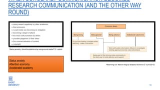 16
WHEN SCHOLARLY COMMUNICATION BECOMES
RESEARCH COMMUNICATION (AND THE OTHER WAY
ROUND)
Status anxiety: should academics be using social media? D. Lupton
Reaching out. Nature blog by Soapbox Science (7 June 2012)
Status anxiety
Attention economy
Accelerated academy
 