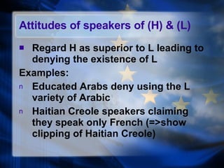 Attitudes of speakers of (H) & (L) Regard H as superior to L leading to denying the existence of L Examples: Educated Arabs deny using the L variety of Arabic Haitian Creole speakers claiming they speak only French (=>show clipping of Haitian Creole) 