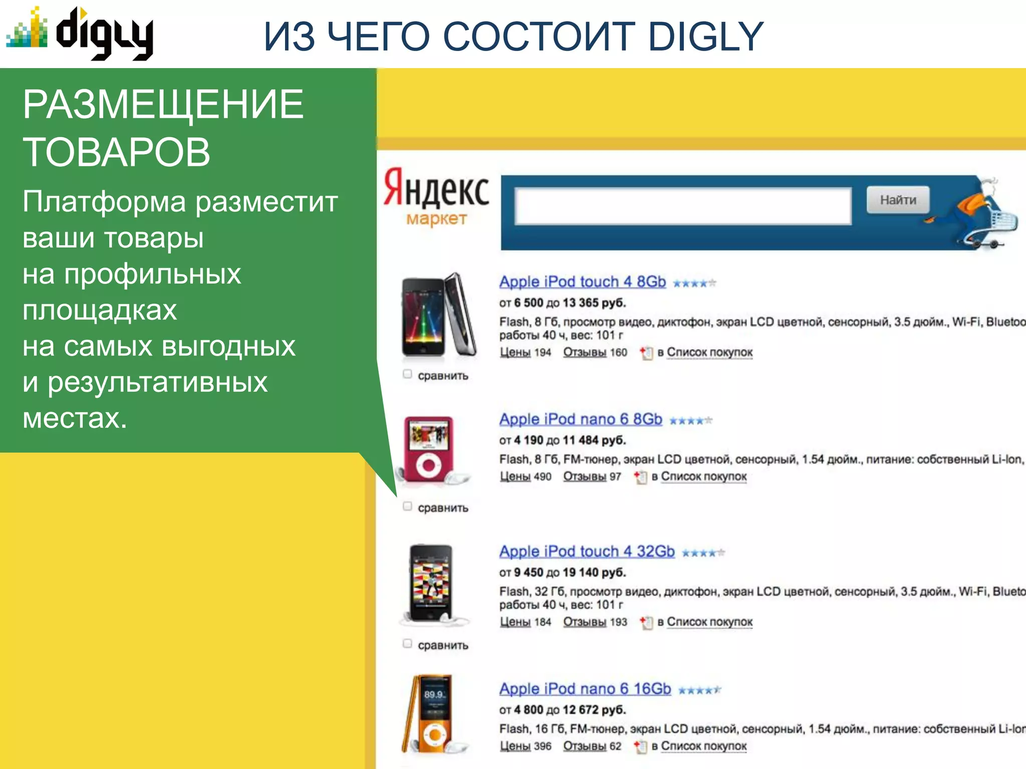 ВОЗМОЖНОСТИ ПЛАТФОРМЫ DIGLY


Веб-аналитика,
        запуск              Отслеживание
 и управление               посетителей
  рекламными                и покупателей
   кампаниями


                              Анализ
 Размещение
                              продвижения
товаров/услуг
                              товаров/услуг



   Новые источники
    результативного    Удобный интерфейс
           трафика
 