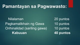 Pamantayan sa Pagwawasto:
Nilalaman 20 puntos
Pagkamalikhain ng Gawa 10 puntos
Orihinalidad (sariling gawa) 10 puntos
Kabuuan 40 puntos
 