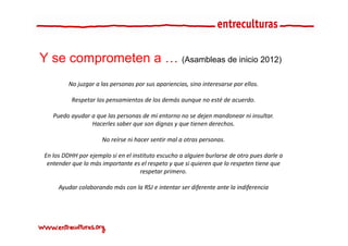Y se comprometen a … (Asambleas de inicio 2012)
         No juzgar a las personas por sus apariencias, sino interesarse por ellos. 

          Respetar los pensamientos de los demás aunque no esté de acuerdo.

   Puedo ayudar a que las personas de mi entorno no se dejen mandonear ni insultar. 
                Hacerles saber que son dignas y que tienen derechos.
                Hacerles saber que son dignas y que tienen derechos

                     No reírse ni hacer sentir mal a otras personas.  

En los DDHH por ejemplo si en el instituto escucho a alguien burlarse de otro pues darle a 
 entender que lo más importante es el respeto y que si quieren que lo respeten tiene que 
                                    respetar primero.

     Ayudar colaborando más con la RSJ e intentar ser diferente ante la indiferencia
 