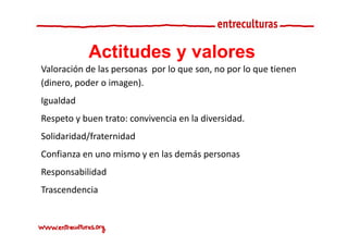 Actitudes y valores
Valoración de las personas  por lo que son, no por lo que tienen 
V l    ió d l                   l                  l      ti
(dinero, poder o imagen).
Igualdad
Respeto y buen trato: convivencia en la diversidad.
   p    y
Solidaridad/fraternidad
Confianza en uno mismo y en las demás personas
C fi              i         l d á
Responsabilidad
Trascendencia 
 