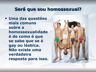 Será que sou homossexual? Uma das questões mais comuns sobre a homossexualidade é de como é que se sabe que se é gay ou lésbica. Não existe uma verdadeira resposta para isso.  