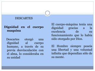 DESCARTES 
Dignidad en el cuerpo 
maquina 
Descartes otorgó una 
dignidad al cuerpo 
humano, a través de su 
previa desvinculación con 
el alma, lo consideraba en 
su unidad 
El cuerpo-máquina tenía una 
dignidad gracias a la 
excelencia de su 
funcionamiento que lo había 
sido otorgado por Dios. 
El Hombre siempre poseía 
una libertad y una voluntad 
infinita que dependían sólo de 
su mente. 
 