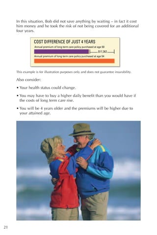 In this situation, Bob did not save anything by waiting – in fact it cost
     him money and he took the risk of not being covered for an additional
     four years.




     This example is for illustration purposes only and does not guarantee insurability.

     Also consider:

     • Your health status could change.

     • You may have to buy a higher daily benefit than you would have if
       the costs of long term care rise.

     • You will be 4 years older and the premiums will be higher due to
       your attained age.




21
 