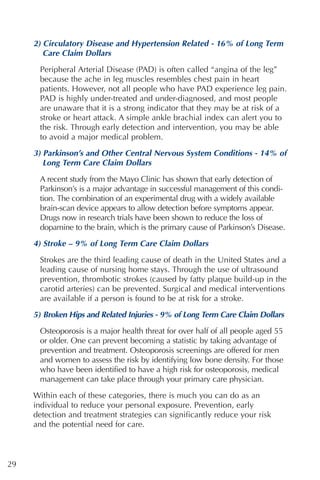 2) Circulatory Disease and Hypertension Related - 16% of Long Term
        Care Claim Dollars

      Peripheral Arterial Disease (PAD) is often called “angina of the leg”
      because the ache in leg muscles resembles chest pain in heart
      patients. However, not all people who have PAD experience leg pain.
      PAD is highly under-treated and under-diagnosed, and most people
      are unaware that it is a strong indicator that they may be at risk of a
      stroke or heart attack. A simple ankle brachial index can alert you to
      the risk. Through early detection and intervention, you may be able
      to avoid a major medical problem.

     3) Parkinson’s and Other Central Nervous System Conditions - 14% of
        Long Term Care Claim Dollars
      A recent study from the Mayo Clinic has shown that early detection of
      Parkinson’s is a major advantage in successful management of this condi-
      tion. The combination of an experimental drug with a widely available
      brain-scan device appears to allow detection before symptoms appear.
      Drugs now in research trials have been shown to reduce the loss of
      dopamine to the brain, which is the primary cause of Parkinson’s Disease.

     4) Stroke – 9% of Long Term Care Claim Dollars

      Strokes are the third leading cause of death in the United States and a
      leading cause of nursing home stays. Through the use of ultrasound
      prevention, thrombotic strokes (caused by fatty plaque build-up in the
      carotid arteries) can be prevented. Surgical and medical interventions
      are available if a person is found to be at risk for a stroke.

     5) Broken Hips and Related Injuries - 9% of Long Term Care Claim Dollars

      Osteoporosis is a major health threat for over half of all people aged 55
      or older. One can prevent becoming a statistic by taking advantage of
      prevention and treatment. Osteoporosis screenings are offered for men
      and women to assess the risk by identifying low bone density. For those
      who have been identified to have a high risk for osteoporosis, medical
      management can take place through your primary care physician.

     Within each of these categories, there is much you can do as an
     individual to reduce your personal exposure. Prevention, early
     detection and treatment strategies can significantly reduce your risk
     and the potential need for care.



29
 