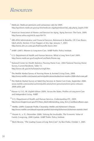 Resources

     1
          Medicare. Medicare premiums and coinsurance rates for 2009.
          http://questions.medicare.gov/cgi-bin/medicare.cfg/php/enduser/std_adp.php?p_faqid=2100
     2
          American Association of Homes and Services for Aging, Aging Services: The Facts, 2009.
          http://www.aahsa.org/article.aspx?id=74
     3
          ARS-AFM Administrative and Financial Services, Retirement & Benefits, LTC Care Basics
          Q&A article, Section: It Can Happen at Any Age, January 7, 2003.
          http://www.afm.ars.usda.gov/hrd/insure/ltc-basics.htm
     4
          AARP. (2007). Women & Long-term Care. AARP Public Policy Institute.
     5
          U.S. Department of Health and Human Services. What is Long Term Care? 2009.
          http://www.medicare.gov/LongTermCare/Static/Home.asp
     6
          National Center for Health Statistics; Nursing Home Care. 2004 National Nursing Home
          Survey, Current Residents, Table 13.
          http://www.cdc.gov/nchs/fastats/nursingh.htm
     7
          The Metlife Market Survey of Nursing Home & Assisted Living Costs, 2008.
          http://www.metlife.com/assets/cao/mmi/publications/studies/mmi-studies-2008-nhal-costs.pdf
     8
          The MetLife Market Survey of Adult Day Services & Home Care Costs, September 2008.
          www.metlife.com/assets/cao/mmi/publications/mmi-pressroom/mmi-press-releases-
          2008-adshc.pdf
     9
          Houser A, F.-G. W. (Eighth Edition 2009). Across the States, Profiles of Long-term Care
          and Independent Living. AARP.
     10
           U.S. Department of Health and Human Services. Understanding LTC, 2009.
          http://www.longtermcare.gov/LTC/Main_Site/Understanding_Long_Term_Care/Basics/Basics.aspx
     11
          Metlife. (2009). Corporate Profile, Citizenship: Metlife and Alzheimer’s Disease.
          http://www.metlife.com/about/corporate-profile/citizenship/alzheimers/alzheimers-statistics.html
     12
           Houser A., a. G. (November 2008). Valuing the Invaluable: The Economic Value of
          Family Caregiving, 2008 Update. AARP Public Policy Institute.
     13
          Best’s Review, “The Leading Causes of Long Term Care”, by Ron Panko, October 1, 2005.




31
 