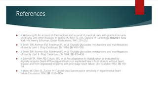 References
 ↵ Withering W. An account of the foxglove and some of its medical uses, with practical remarks
on dropsy, and other diseases. In Willins FA, Keys TE, eds. Classics of Cardiology. Volume I. New
York, NY: Henry Schuman, Dover Publications; 1941: 231–252.
 ↵ Smith TW, Antman EM, Friedman PL, et al. Digitalis glycosides: mechanisms and manifestations
of toxicity: part I. Prog Cardiovasc Dis. 1984; 26: 495–530.
 ↵ Smith TW, Antman EM, Friedman PL, et al. Digitalis glycosides: mechanisms and manifestations
of toxicity: part II. Prog Cardiovasc Dis. 1984; 26: 413–458.
 ↵ Schmidt TA, Allen PD, Colucci WS, et al. No adaptation to digitalization as evaluated by
digitalis receptor (Na/K-ATPase) quantification in explanted hearts from donors without heart
disease and from digitalized recipients with end-stage heart failure. Am J Cardiol. 1992; 70: 110–
114.
 ↵ Wang W, Chen JS, Zucker IH. Carotid sinus baroreceptor sensitivity in experimental heart
failure.Circulation. 1990; 81: 1959–1966.
 